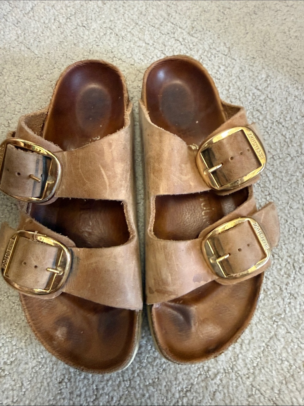 Birkenstocks Tan Leather Double-Buckle Slide Sandals with Gold Buckles